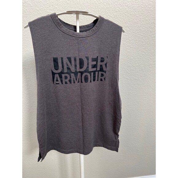 Under Armour Size Small Workout Tank Top Dark Grey Black Logo Sleeveless T-Shirt - Picture 1 of 3